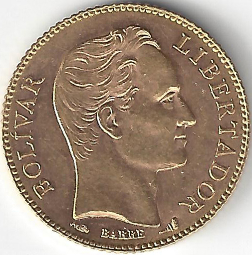 Effigie 20 Bolivares Pile, bolivar liberator simon bolivar tête nue  - bolivar;liberator;simon bolivar tête nue
