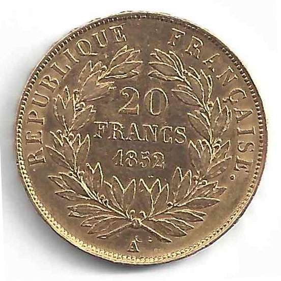 Effigie Louis Napoléon Bonaparte Face, République Française  20 Francs 1852  Laurier  A 