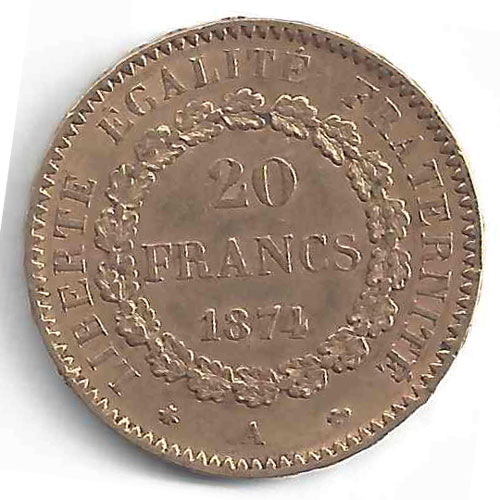 Effigie Napoléon 20 Francs Génie Face, Liberté  Egalité  Fraternité  20 Frs  1874 