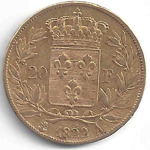 Effigie Louis XVIII Face, 20 Francs  1822  A   Couronne  Laurier, Ancre 