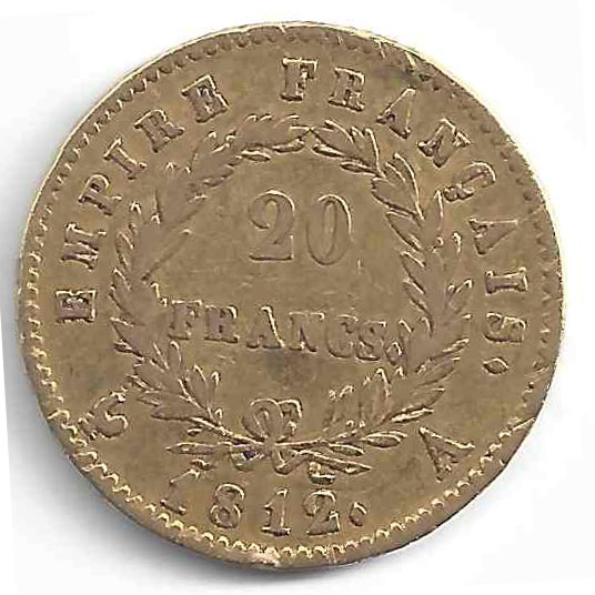 Effigie Napoléon 20 Francs Face, Empire Français  20 Francs  1812  Coq  A  Laurier 