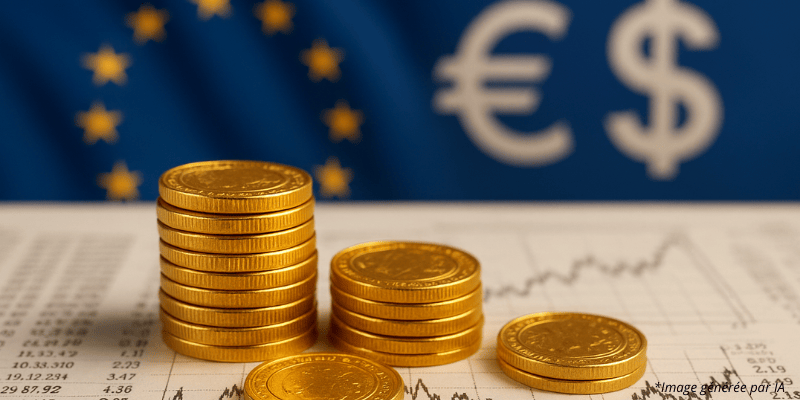 des pièces d’or posées sur des documents financiers, avec en arrière-plan flou des drapeaux européens, le symbole €/USD.