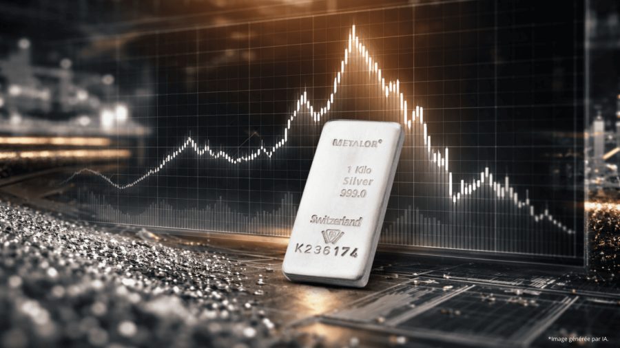 lingot d'argent devant un graphique volatil